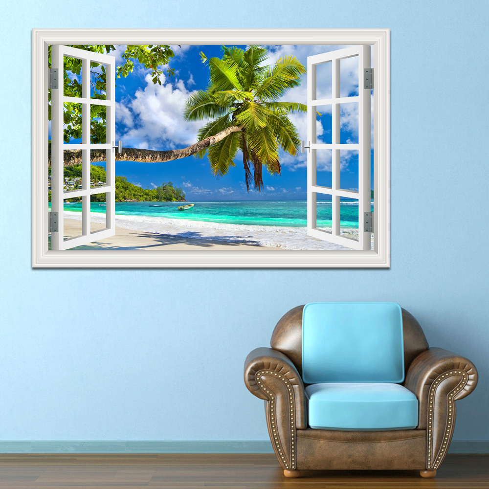 3D Beach Window View Wall Stic - Mct Oil Coconut บทวิจารณ์และราคา